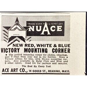 Ace Art Co. "Victory Mounting Corner- For Boys in the Service" Vtg Print Ad '43